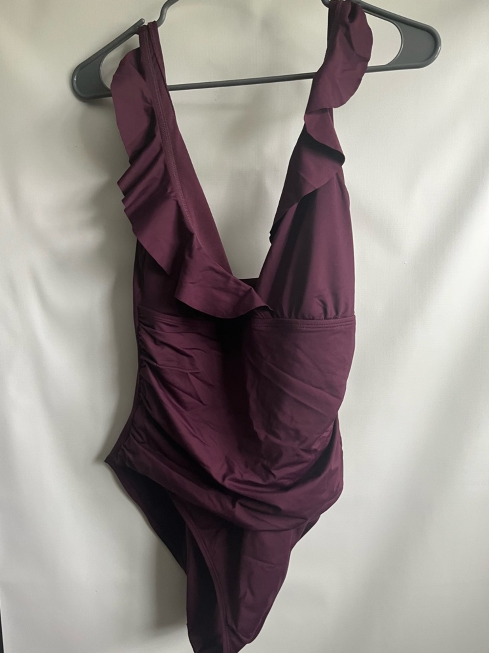Womans  One-Piece Swimsuit in Deep Plum - Ruffle Shoulder by Ralph Lauren medium
